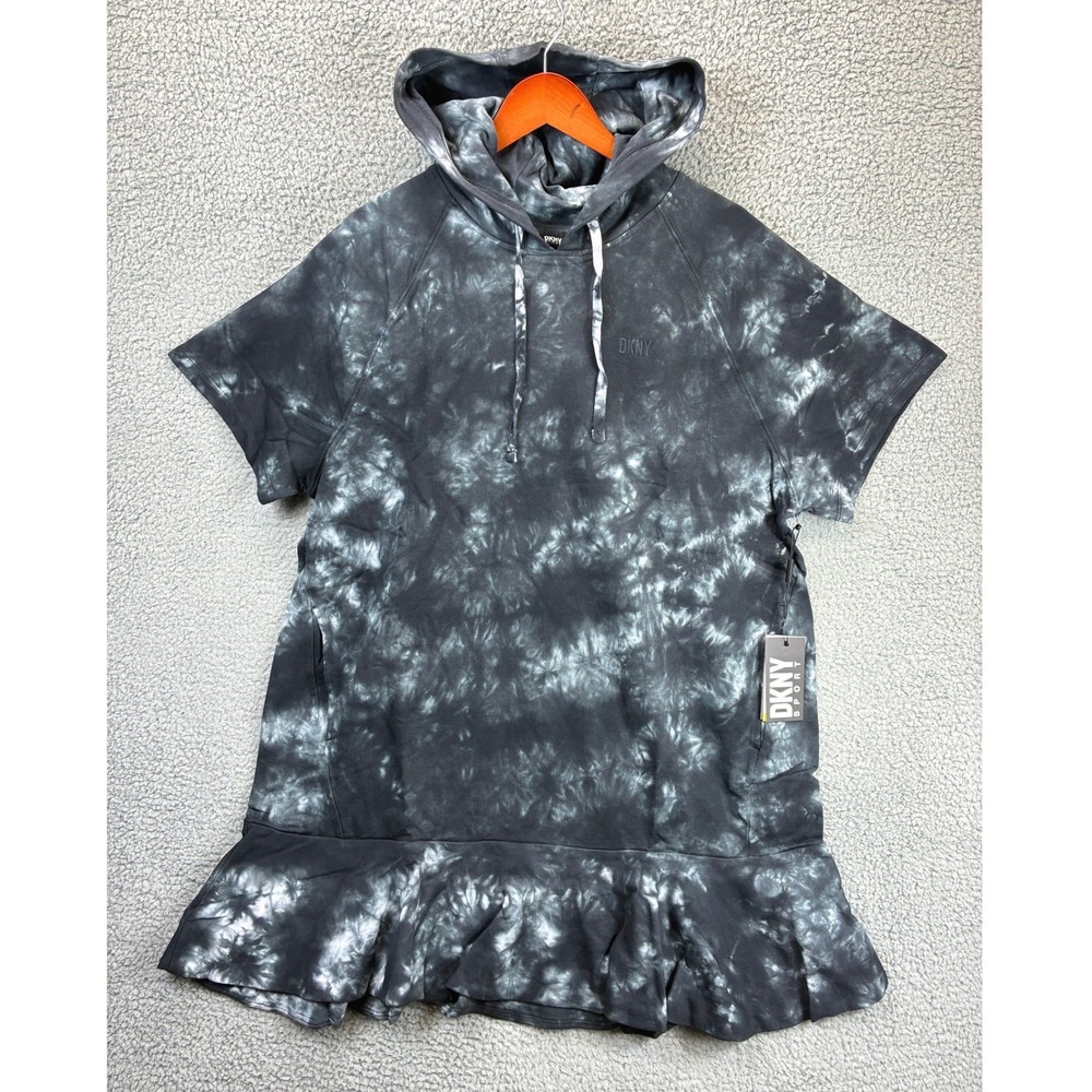 DKNY Sport Tie Dye Ruffle Hem Hooded Dress Womens 1X Black Athleisure NWT
